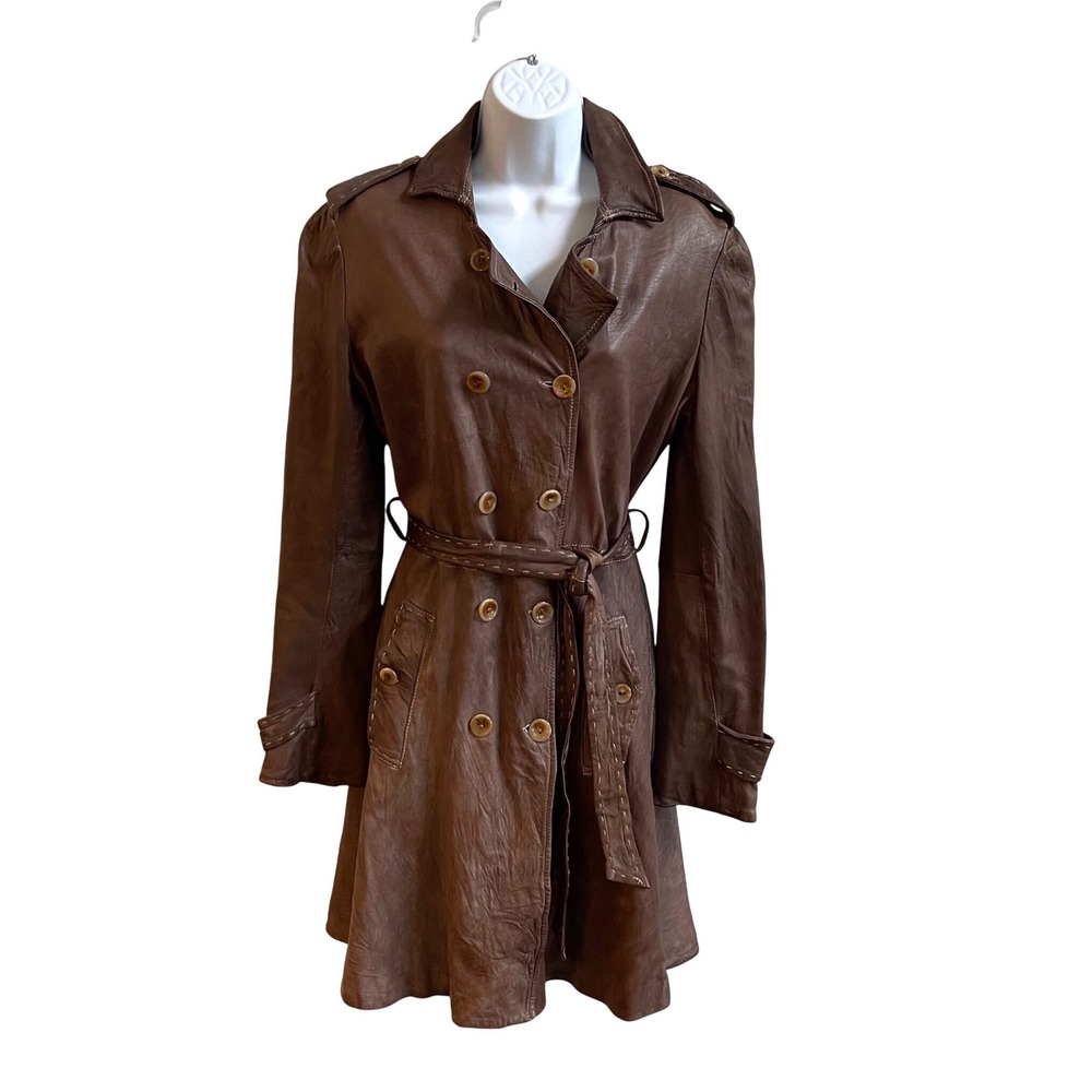 Blur Leather Trench Coat Women Brown Dark Academia Belted Contrast Stitch Jacket